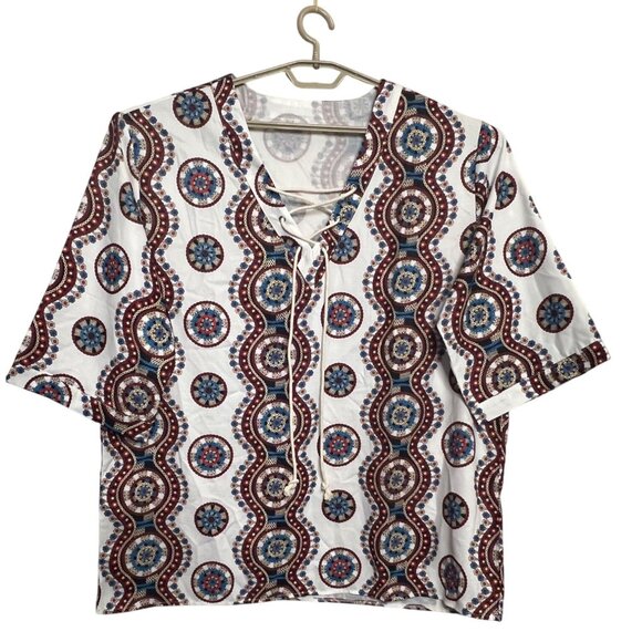 Bohemian 2XLTop Vibrant Medallion Lace-Up Front 1/2 Sleeves Light Breathable - Picture 1 of 16